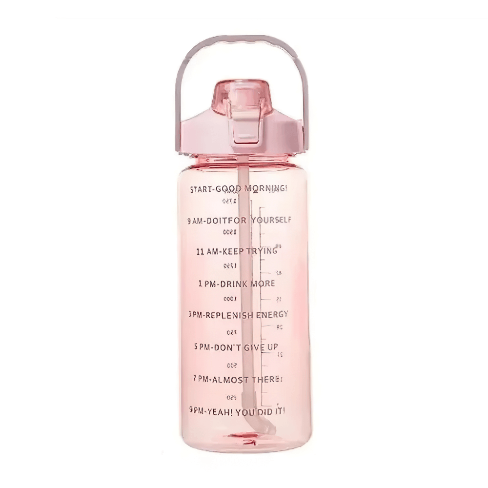 2L pink sports water bottle with straw, motivational time markers, and sturdy handle for gym workouts and outdoor activities.
